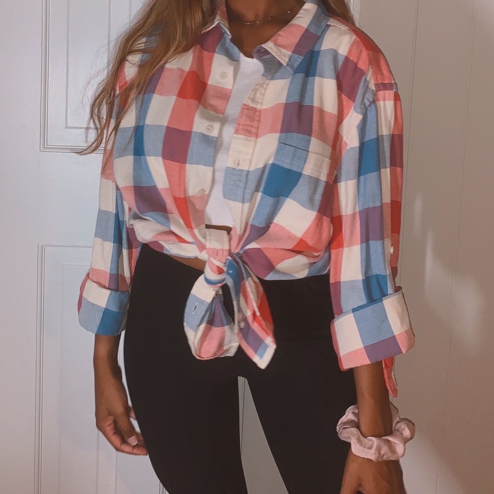 red, white, and blue flannel